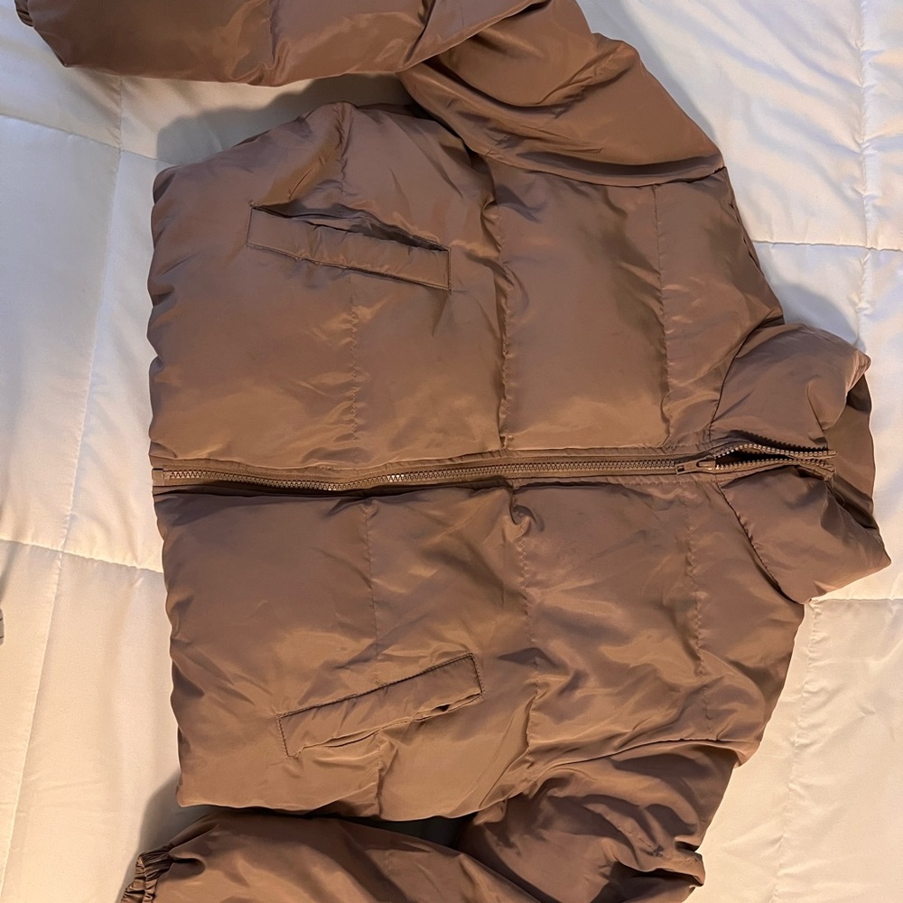 Shein zipper slant pocket puffer jacket coat tan